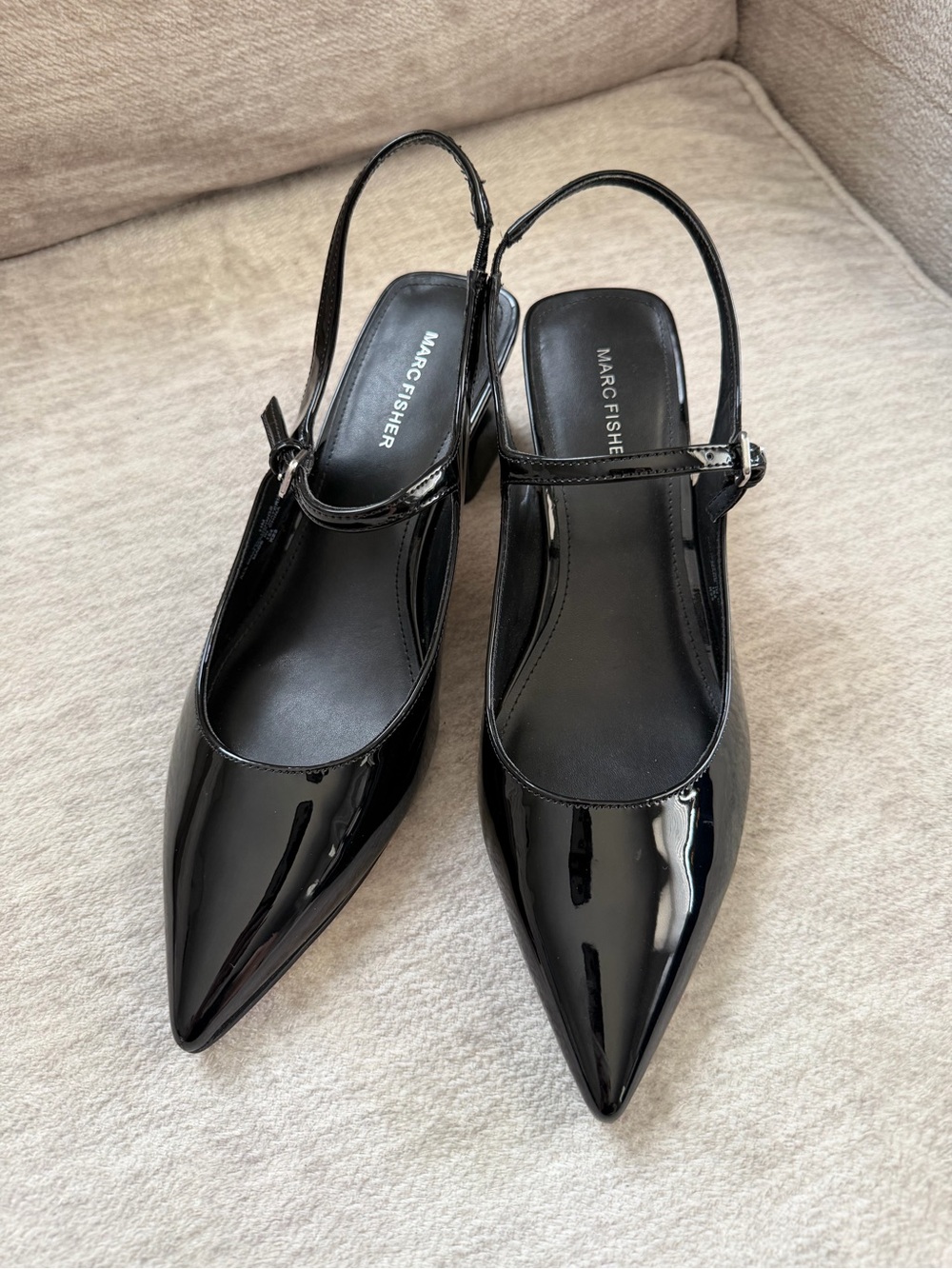 Marc Fisher Latary Black Patent Leather Pointed Toe Slingback Block Heels 11